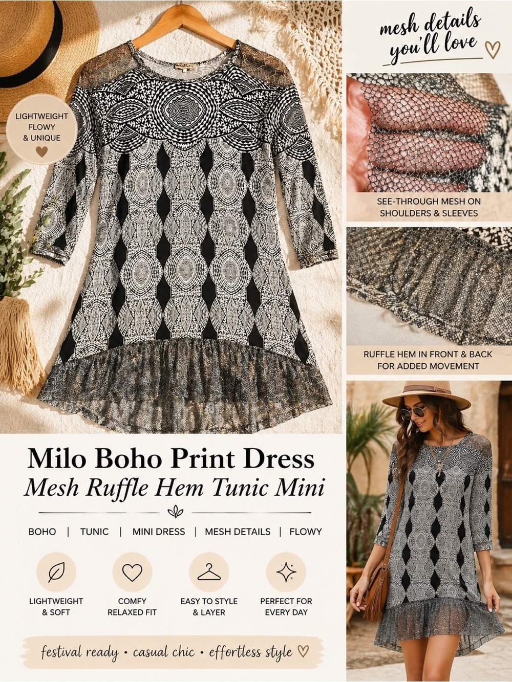 Milo Boho Print Dress Mesh Ruffle Hem Tunic Mini Medium